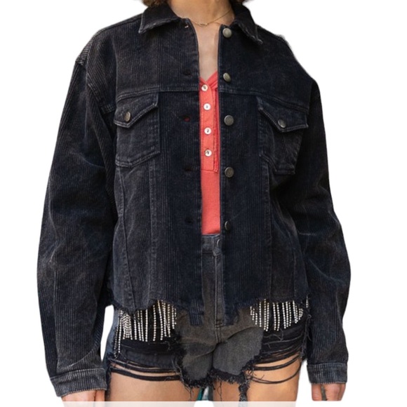 Jackets & Blazers - Black Corduroy Button-Up Jacket with Fringed Hem